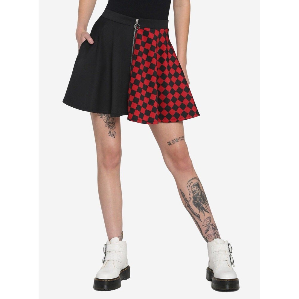 Hot Topic Black & Red Checkered Split O-Ring Skater Skirt Size SM